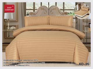 Lenjerie Pat Dublu din Bumbac Damasc, 4 Piese cu Elastic, Model Dungat, Bej Inchis-D7730