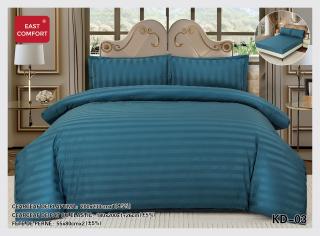 Lenjerie Pat Dublu din Bumbac Damasc, 4 Piese cu Elastic, Model Dungat, Bleumarin-D7724