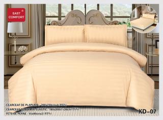 Lenjerie Pat Dublu din Bumbac Damasc, 4 Piese cu Elastic, Model Dungat, Crem-D7719
