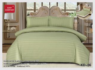 Lenjerie Pat Dublu din Bumbac Damasc, 4 Piese cu Elastic, Model Dungat, Verde Fistic-D7728
