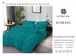 Lenjerie Pat Dublu din Bumbac Damasc, cu 6 Piese, Turcoaz-P7027