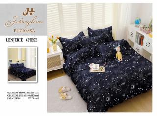 Lenjerie Pat Dublu din Bumbac Satinat Superior cu 4 Piese, Constelatie-H7617