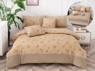 Lenjerie Pat Dublu din Finet 6 Piese, cu Elastic, Bej Floricele-P6499