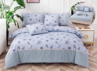 Lenjerie Pat Dublu din Finet 6 Piese, cu Elastic, Bleu Floricele-P6501