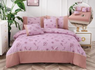 Lenjerie Pat Dublu din Finet 6 Piese, cu Elastic, Roz Floricele-P6502