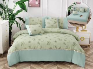 Lenjerie Pat Dublu din Finet 6 Piese, cu Elastic, Verde Floricele-P6500