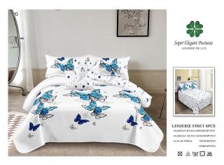 Lenjerie Pat Dublu, Finet, 6 Piese, Alb Fluturi-P6971