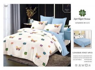 Lenjerie Pat Dublu, Finet, 6 Piese, Crem Bleu Fluturi-P6973
