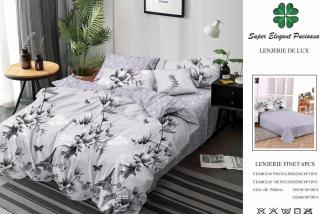 Lenjerie Pat Dublu, Finet, 6 Piese, Gri Flori Turn Eiffel-P7124