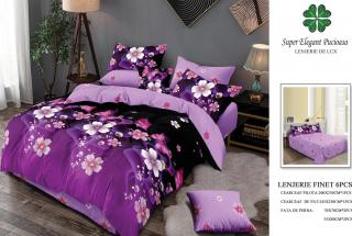 Lenjerie Pat Dublu, Finet, 6 Piese, Negru Mov Flori-P7126