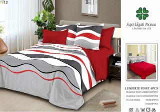 Lenjerie Pat Dublu, Finet, 6 Piese, Rosu Gri Alb-P7041