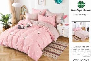 Lenjerie Pat Dublu, Finet, 6 Piese, Roz Flori-P7130