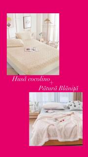 Set Husa Cocolino Tip Tricot cu 2 fete de perna+Patura Cocolino cu Blanita Tip Tricot, Crem