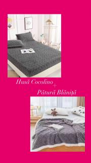 Set Husa Cocolino Tip Tricot cu 2 fete de perna+Patura Cocolino cu Blanita Tip Tricot, Gri Inchis