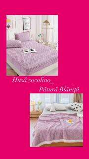 Set Husa Cocolino Tip Tricot cu 2 fete de perna+Patura Cocolino cu Blanita Tip Tricot, Lila