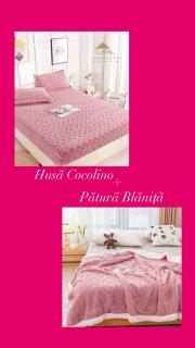 Set Husa Cocolino Tip Tricot cu 2 fete de perna+Patura Cocolino cu Blanita Tip Tricot, Roz
