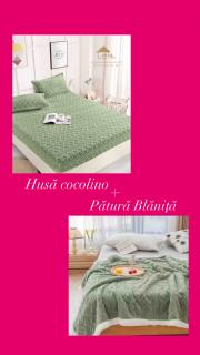 Set Husa Cocolino Tip Tricot cu 2 fete de perna+Patura Cocolino cu Blanita Tip Tricot, Verde