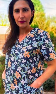 Bluza Bumbac Flori Bleu Si Albe Fond Albastru
