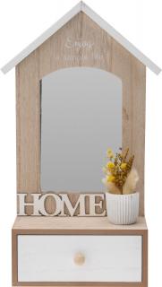 Decoratiune perete cu oglinda si sertar Excellent Houseware, lemn, 17.5x9x30 cm, maro alb