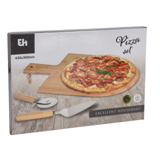 Set 3 ustensile pentru pizza, bambus otel inoxidabil, 43x30 cm, maro argintiu