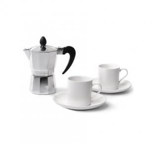 Set espressor si doua cesti servire Fissman, aluminiu portelan, argintiu alb