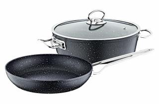 Set tigaie si cratita 3 piese OMS, aluminiu granit, negru