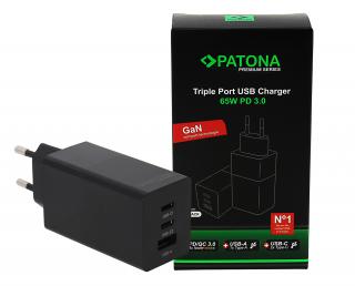 Adaptor retea GaN PD65W 2xUSB-C 1xUSB-A PD3.0 QC3.0 Patona Premium