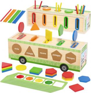 Camion din lemn multifunctional joc aritmetic, sortare forme si culori Multifunctional coin truck