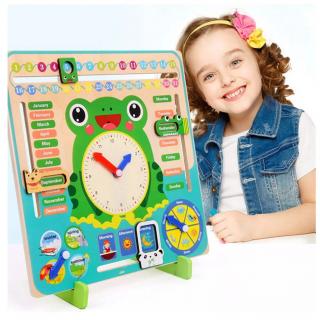 Ceas calendar multifunctional din lemn Montessori Broscuta in limba engleza