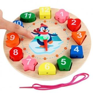 Ceas puzzle din lemn Montessori si jucarie de insiruit pinguin Digital Geometry clock