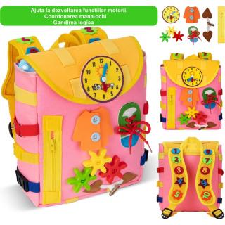 Ghiozdan Montessori cu activitati SENZORIALE roz 28X10X23 cm