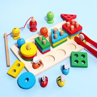 Joc 3 in 1 de tip Montessori - Sortator cu 4 forme geometrice, pescuit magnetic, prinde albinuta - Bee Cliping Game