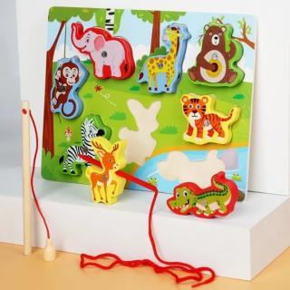 Joc 3 in 1 puzzle, pescuit magnetic si joc de insiruit ANIMALE DIN JUNGLA