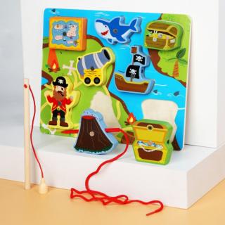 Joc 3 in 1 puzzle, pescuit magnetic si joc de insiruit PIRATI