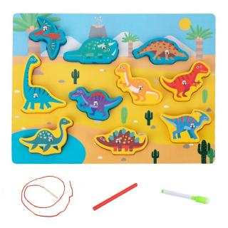 Joc 4 in 1 din lemn DINOZAURI - puzzle 3D, joc de pescuit, jucarie de insiruit si tabla de scris