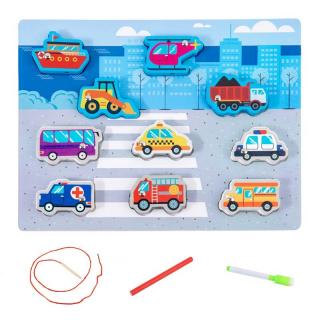 Joc 4 in 1 din lemn VEHICULE - puzzle 3D, joc de pescuit, jucarie de insiruit si tabla de scris