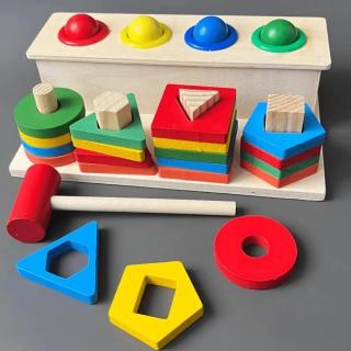 Joc cu ciocan si bile cutia permanentei si joc de stivuit forme geometrice 2 in 1