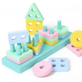 Joc de tip Montessori - Sortator dreptunghi cu 4 forme geometrice culoare pastel