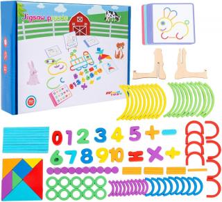 Joc din lemn 3 in 1 creaza forme, tangram si calcule matematice