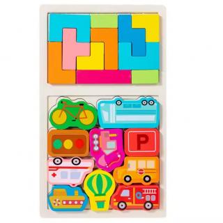 Joc din lemn de tip tetris 2 in 1 Vehicule