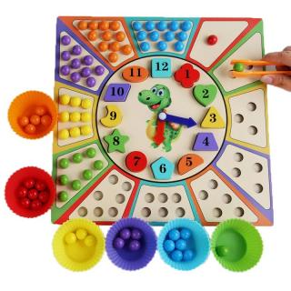 Joc Montessori 2 in 1 din lemn Invata Ceasul si Sorteaza si Potriveste culorile