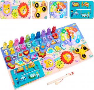 Joc multifunctional din lemn logarithmic Puzzle dinozauri si numere, pescuit magnetic, spinner, Invata ceasul