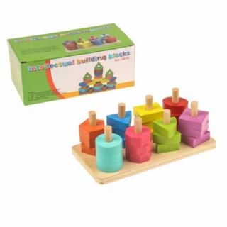 Jucarie de sortat si stivuit 8 coloane din lemn intellectual building blocks