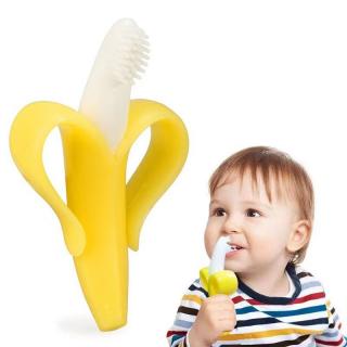 Jucarie gingivala din silicon nontoxic cu manere de prindere si periuta de dinti bebelusi 2 in 1 banana
