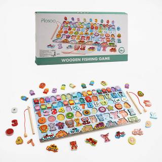 Jucarie multifunctionala din lemn Pescuit magnetic, Puzzle 3D alfabet, meserii, numere, fructe, animale, vehicule