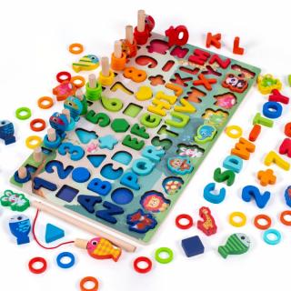 Jucarie multifunctionala din lemn PUZZLE 3D, JOC DE STIVUIT, JOC DE PESCUIT MAGNETIC - ANIMALE DIN PADURE