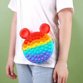 Jucarie senzoriala geanta multicolora POP IT cu bareta din lant model Mickey Mouse