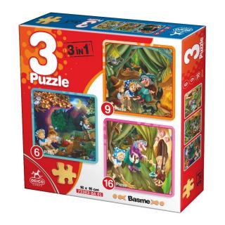 Puzzle 3 in 1 Hansel si Gretel ,   Puzzle 6, 9 si 16 piese