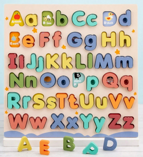 Puzzle din lemn alfabet litere mari si mici de tipar in relief