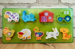 Puzzle din lemn cu piese 3D cu prindere velcro si denumiri in limba spaniola
